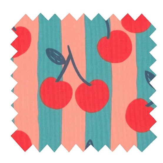 Tissu coton au mètre ex2644 cerises rayées orange bleu