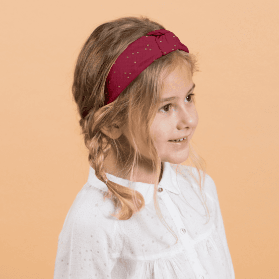 Serre-tête Large Croisé gaze pois or grenat