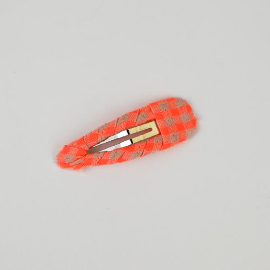 Barrette clic-clac tissu vichy orange fluo