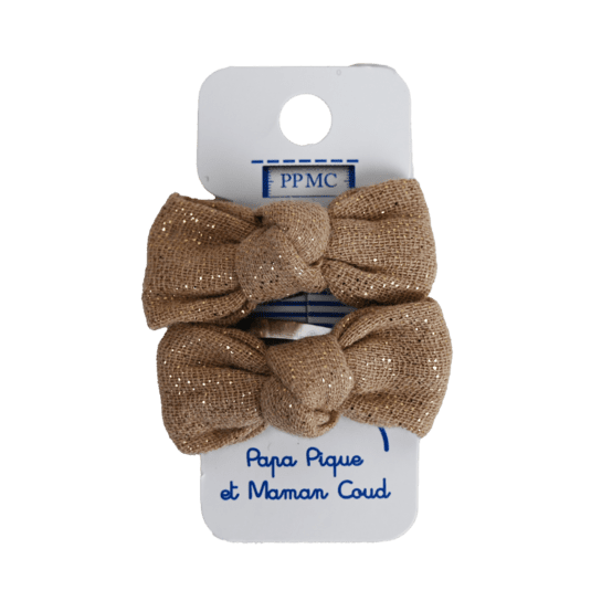 Barrettes clic-clac petits noeuds gaze pailletée camel