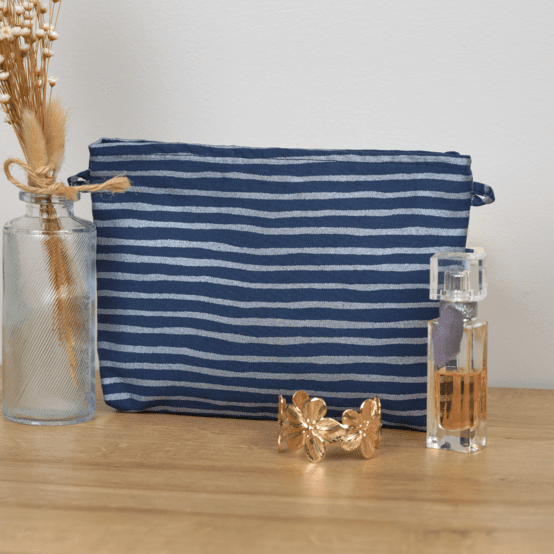 Pochette tissu rayé argent marine