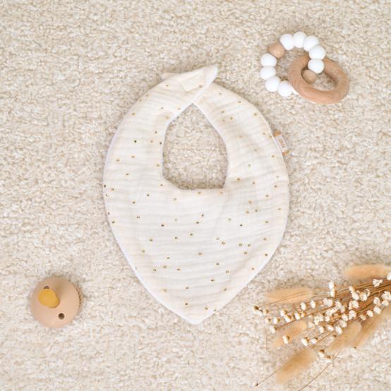 Bavoir bandana gaze pois or écru