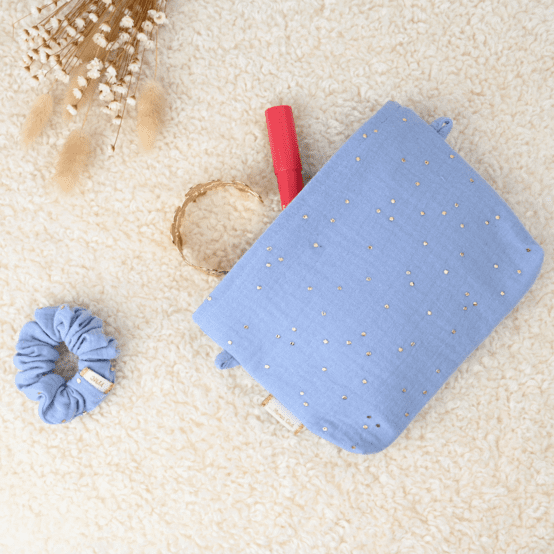 Mini pochette tissu gaze pois or bleu baltique