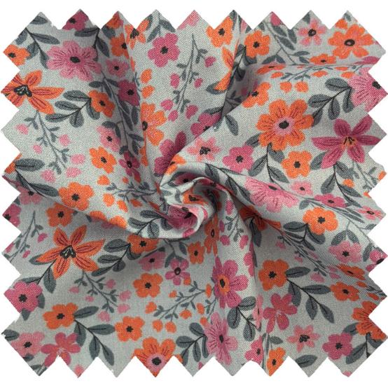 Tissu coton au mètre ex2649 fleuri ciel rose orange