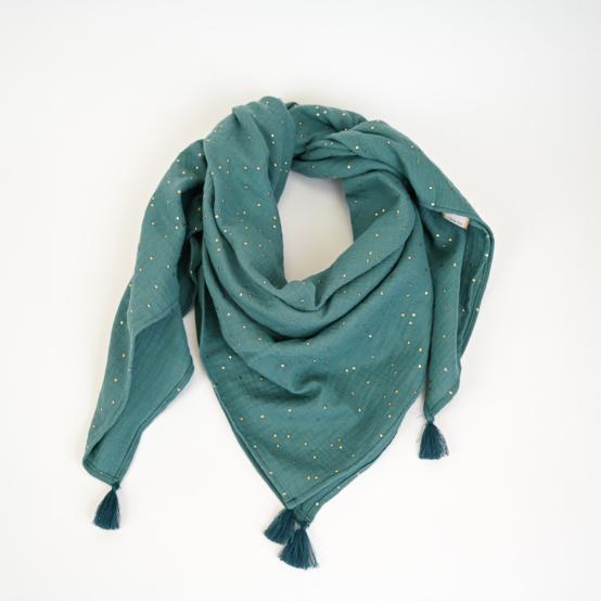 Foulard pompon gaze pois or eucalyptus