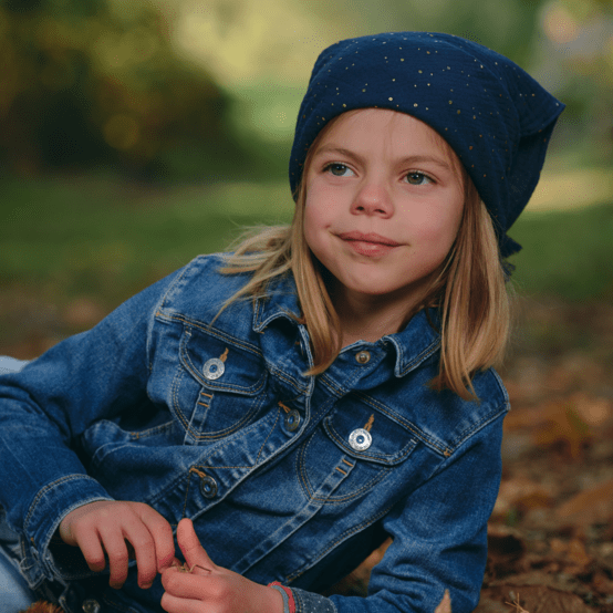 Petit foulard pompon gaze pois or marine