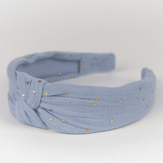 Serre-tête Large Croisé gaze pois or bleu baltique
