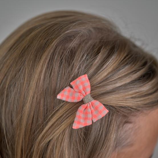 Barrette Mini Noeud Papillon vichy orange fluo