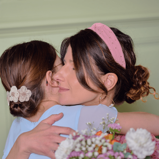 Serre-tête Large Croisé gaze pois or rose thé