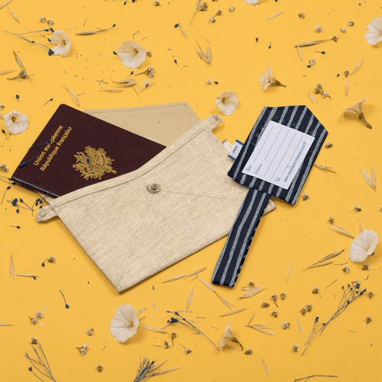 Etiquette bagage rayé argent marine