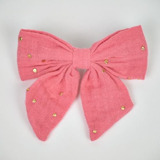 Barrette noeud papillon gaze pois or rose sorbet