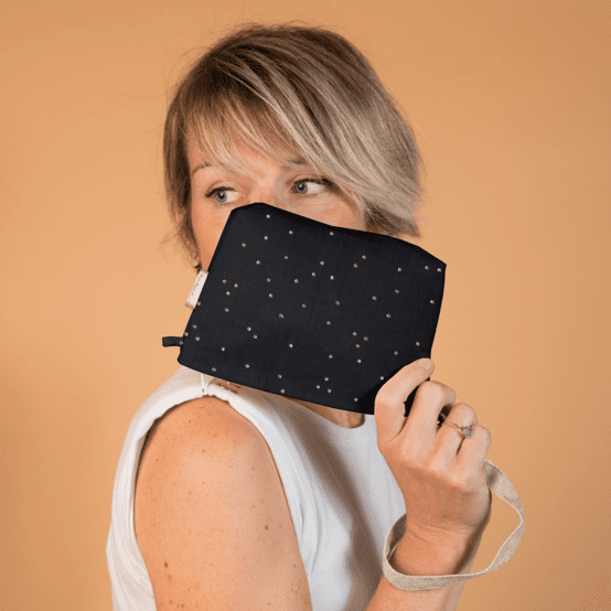Pochette tissu gaze pois or noir