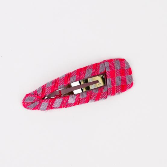 Barrette clic-clac tissu vichy rose fluo