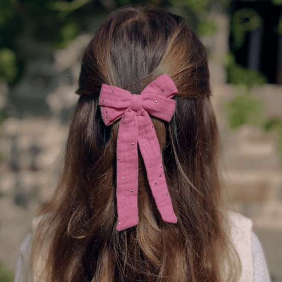 Barrette noeud ruban moyenne gaze pois or rose sorbet