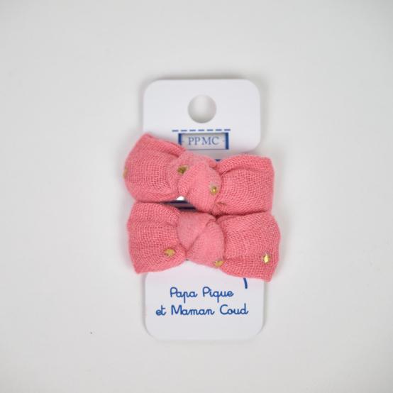 Barrettes clic-clac petits noeuds gaze pois or rose sorbet