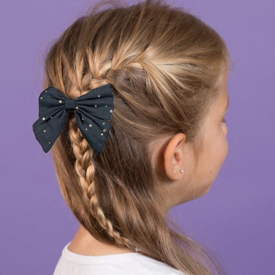 Barrette noeud papillon gaze pois or marine