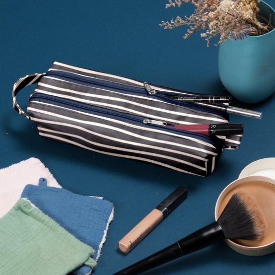 Trousse double compartiment rayé ivoire marine