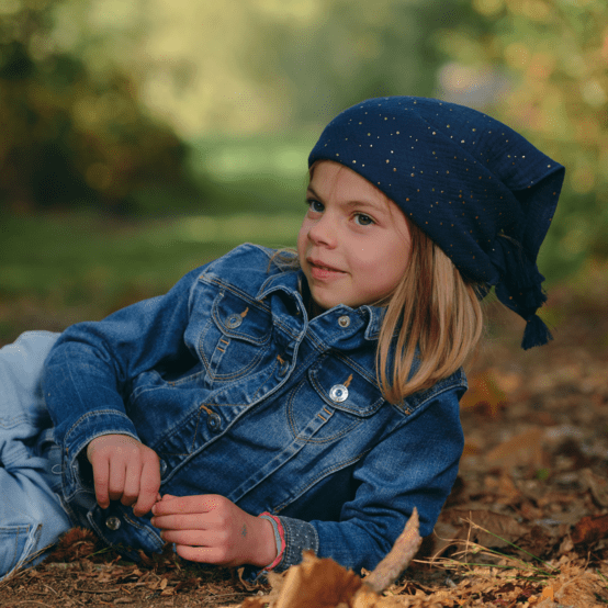 Petit foulard pompon gaze pois or marine
