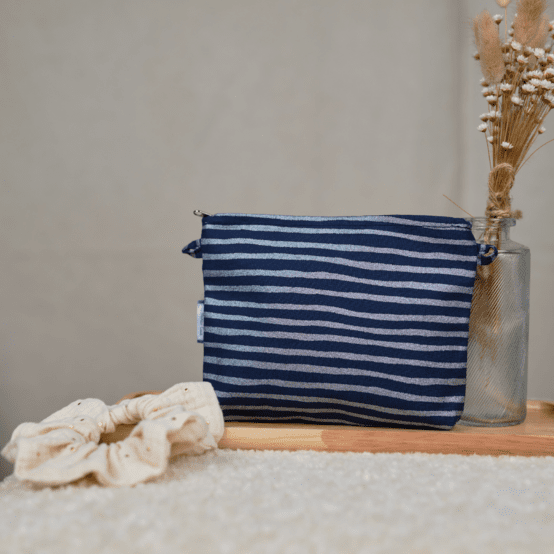 Mini pochette tissu rayé argent marine