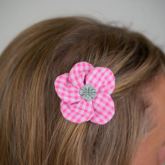 Petite Barrette Pétales de Fleur vichy rose fluo