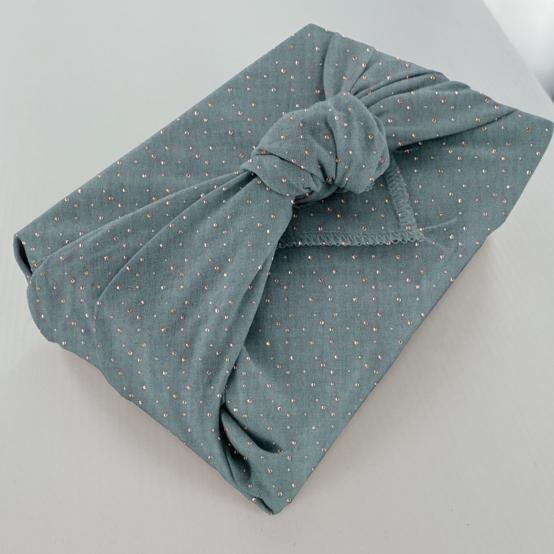 Furoshiki moyen 48 x 48 cm gaze pois or bleu gris