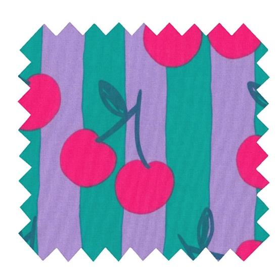 Tissu coton au mètre ex2643 cerises rayées lilas tuquoise