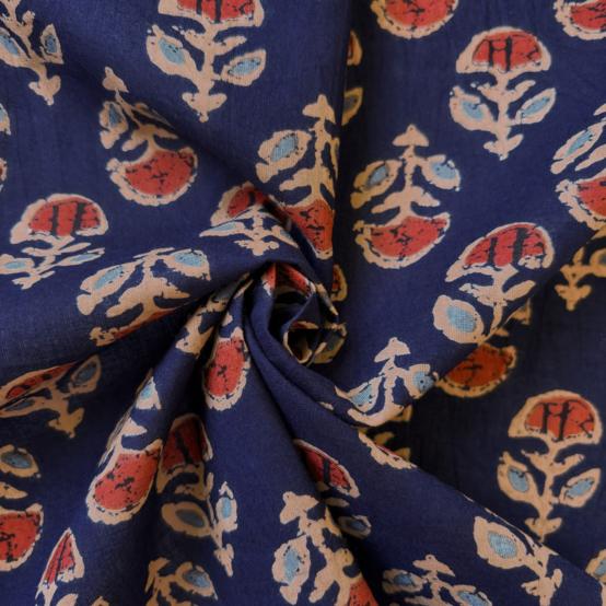 Coupon tissu 50 cm ex2639 indienne géofleur marine