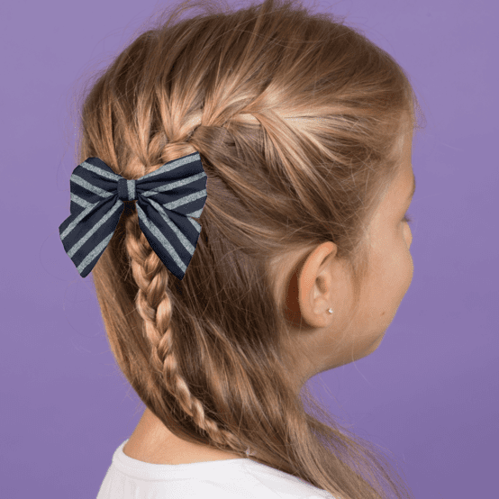 Barrette noeud papillon rayé argent marine