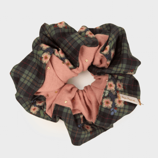 Grand chouchou bicolore tartan fleuri - gaze rose thé