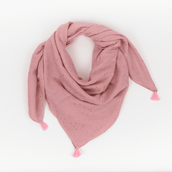 Foulard pompon gaze pois or rose thé