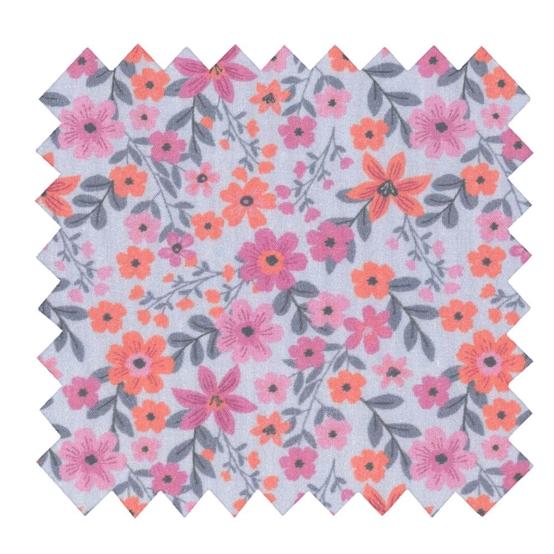Tissu coton au mètre ex2649 fleuri ciel rose orange