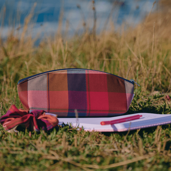 Trousse scolaire tartan lurex rubis