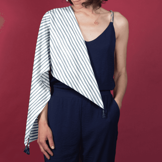 Foulard pompon rayé bleu blanc