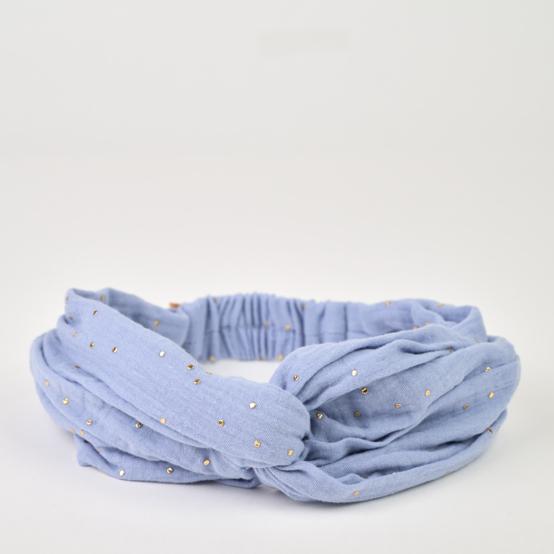 Bandeau croisé gaze pois or bleu baltique