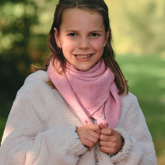 Petit foulard pompon gaze pois or rose thé