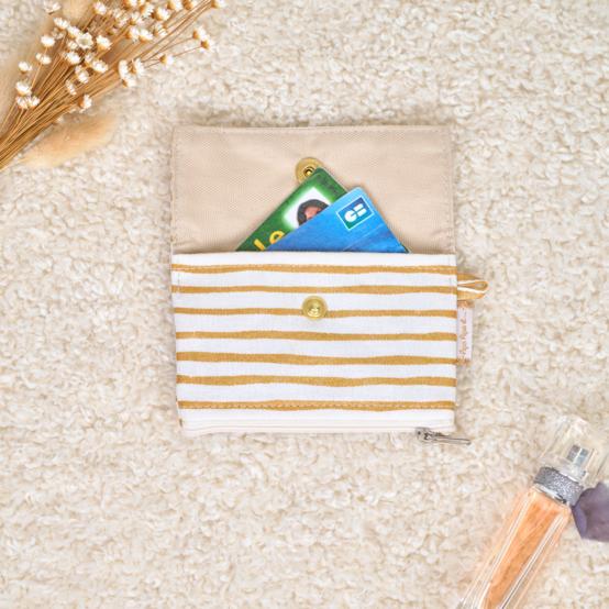 Mini porte-monnaie recto-verso rayé or blanc