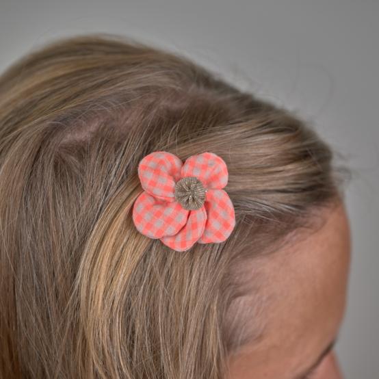 Mini Barrette Pétales de Fleur vichy orange fluo