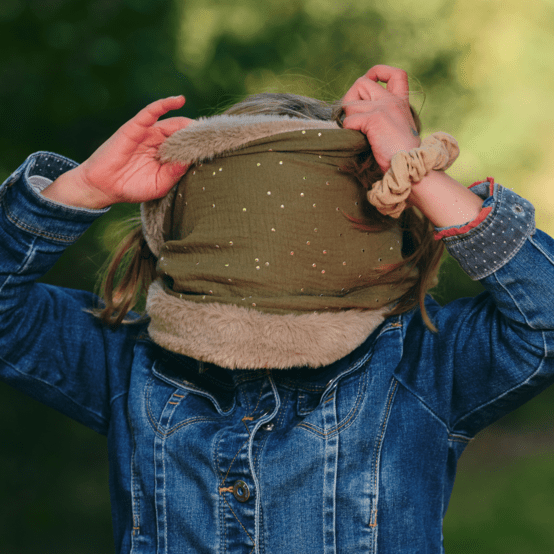 Echarpe tube enfant gaze pois or kaki