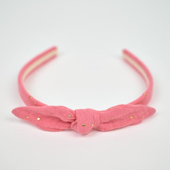 Serre-tête noeud gaze pois or rose sorbet