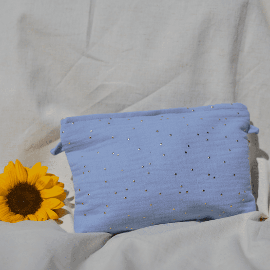 Pochette tissu gaze pois or bleu baltique