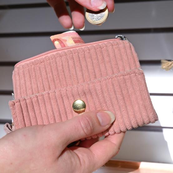 Mini porte-monnaie recto-verso velours côtelé rose blush