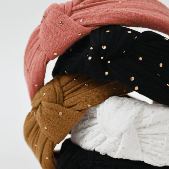 Serre-tête Large Croisé gaze pois or rose blush