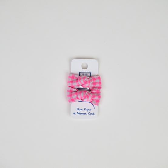 Barrettes clic-clac petits noeuds vichy rose fluo