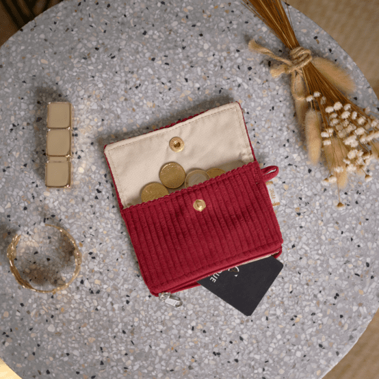 Mini pochette porte-monnaie velours côtelé large grenat