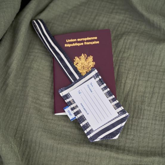 Etiquette bagage rayé ivoire marine