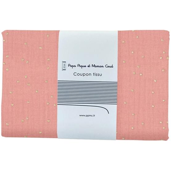 Coupon tissu 1 m gaze pois or rose thé