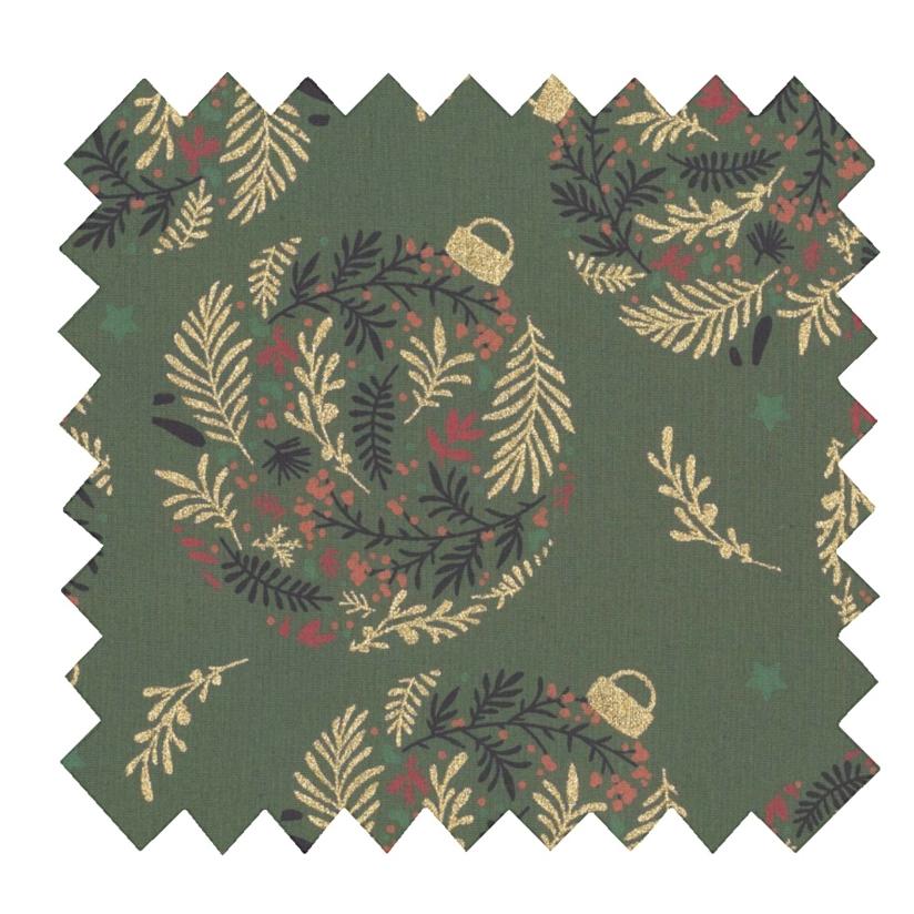 Tissu coton au mètre ex2344 boules de noël  fleuries or kaki
