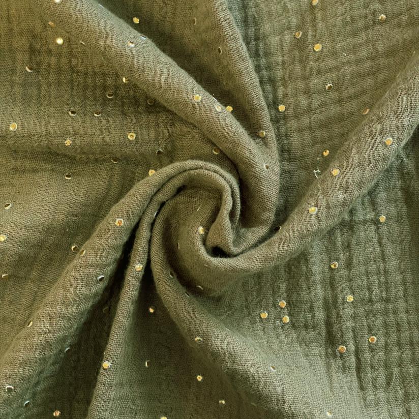 Tissu gaze pois or kaki