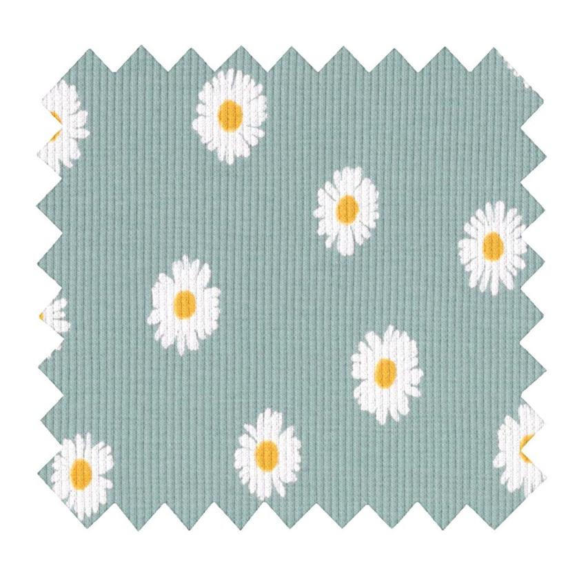 Tissu jersey côtelé marguerite menthe