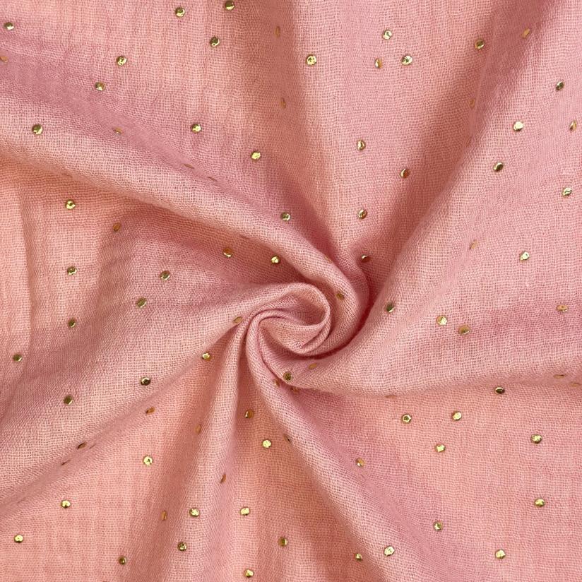 Tissu gaze pois or rose thé
